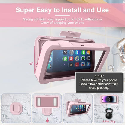 URROY Shower Phone Holder Waterproof, 360° Rotation Shower Phone Case, Anti-Fog High Sensitivity Universal Cover Mount Stand for Bathroom Wall Mirror Bathtub Kitchen，Men Women Pink