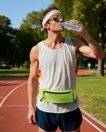 WATERFLY Running Belt Fanny Pack: Breathable 3 Pocket Waist Bag for Men Women Workout Exercise Fitness Phone Holder Fits All Phones - Runner Marathon Jogging Race Belt with Bib Clip Yellow