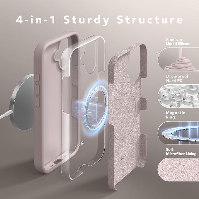 GONEZ Magnetic for iPhone 16 Case, Compatible with MagSafe, [Screen Protector + Camera Lens Protector], Liquid Silicone Shockproof Protective Phone Case for iPhone 16 6.1", Light Taro