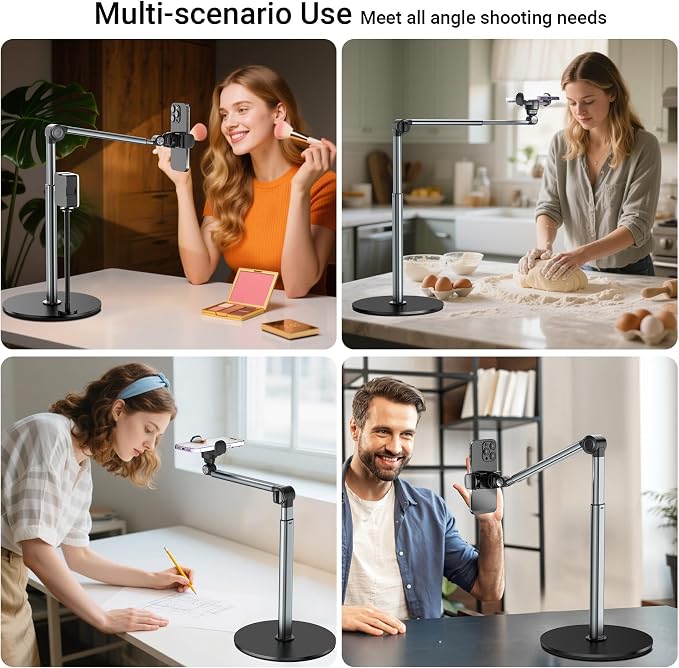 Overhead Phone Mount with Rechargeable Light for iPhone, Table Tripod for Content Creators, Portable Phone Camera Stand for Cooking, Video Recording, Filming, Nail Techs