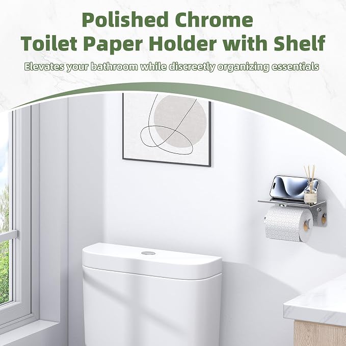 APLusee Toilet Paper Holder with Phone Shelf Polished Chrome, SUS 304 Stainless Steel Bathroom Accessories Tissue Roll Dispenser Storage Wall Mounted