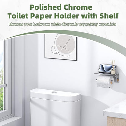 APLusee Toilet Paper Holder with Phone Shelf Polished Chrome, SUS 304 Stainless Steel Bathroom Accessories Tissue Roll Dispenser Storage Wall Mounted