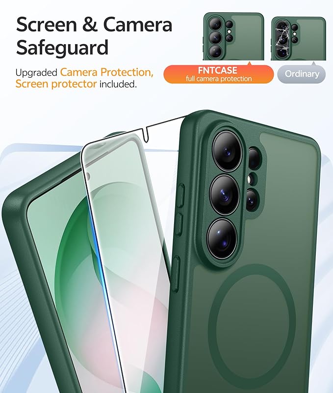 FNTCASE for Samsung Galaxy S26-Ultra Case: [Fit for Magsafe] [Full Camera Protection] Translucent Matte Cases with [Screen Protector] Military Grade Shockproof Protective Phone Cover - Green