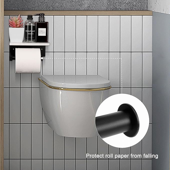NearMoon Toilet Paper Holder with Shelf, Heavy Duty Bath Toilet Roll Holder with Phone Shelf Tissue Hanger for Bathroom/Kitchen Wall Mounted(Metal & Marble, Matte Black)