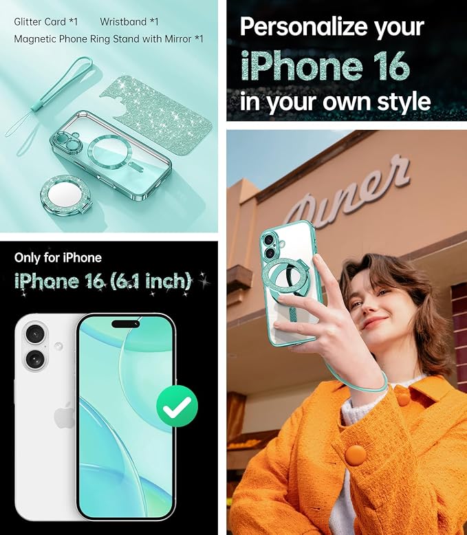 Meifigno Magnetic Case with Removable Phone Ring Stand for iPhone 16 6.1", [Glitter Card & Wrist Strap] [MagSafe Compatible] [Built in Mirror] Magnetic Phone Ring Holder + 16 Case Kit, Teal