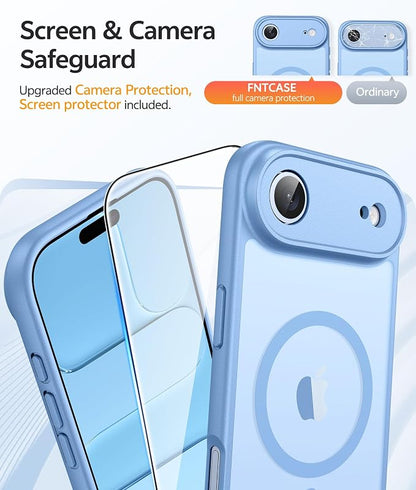 FNTCASE for iPhone Air Case: [Compatible with Magsafe] Translucent Matte Cases with [Full Camera Protection] [Screen Protector] Military Grade Shockproof Protective Phone Cover - Light Blue