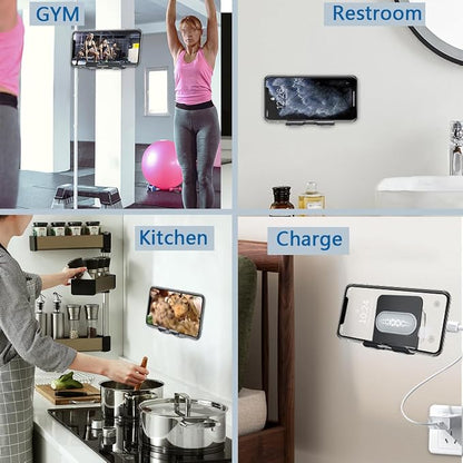 Shower Phone Holder with 2PCS Adhesive Stickers,Aluminum Alloy Wall Mount Phone Stand for Bathroom,Kitchen,Office and More,Compatible with Smartphone(Black-Gray) e(Black-Gray)