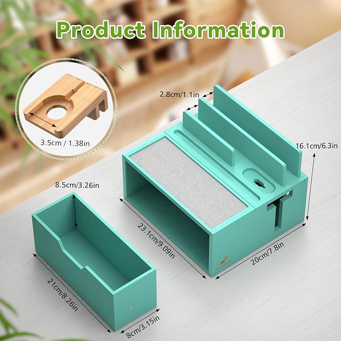 Pezin & Hulin Bamboo Charging Station for Multi Device, with Power Charger & Cables, Nightstand Docking Stand with Felt Pad Tray & Drawer, Compatible with Tablet, Cell Phone, Smart Watch-Teal