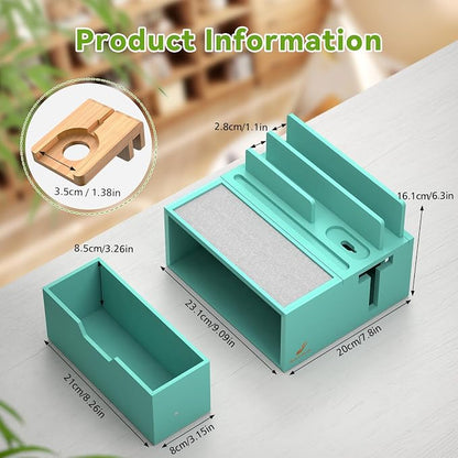 Pezin & Hulin Bamboo Charging Station for Multi Device, with Power Charger & Cables, Nightstand Docking Stand with Felt Pad Tray & Drawer, Compatible with Tablet, Cell Phone, Smart Watch-Teal