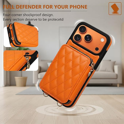 Keallce Case for iPhone 17 Pro Max 6.9'' Wallet Case, Crossbody Zipper Purse with RFID Blocking Card Slots Kickstand, Lanyard & Handstrap Flip Leather Cover for iPhone 17 Pro Max, Orange