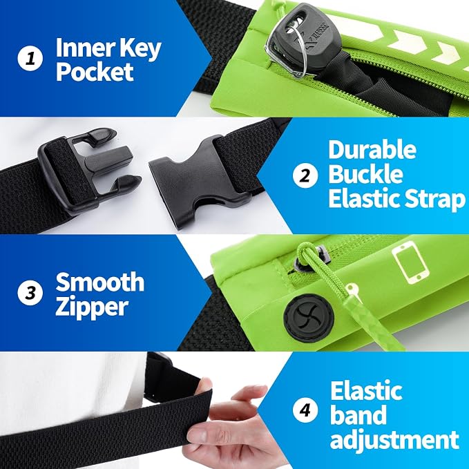 USHAKE Slim Running Belt for Women Men-Runners Phone Holder Fanny Pack, Adjustable, Bounce Free Waist Pouch bag for Workout, Money Belt, Run Gear Accessories Neo Green