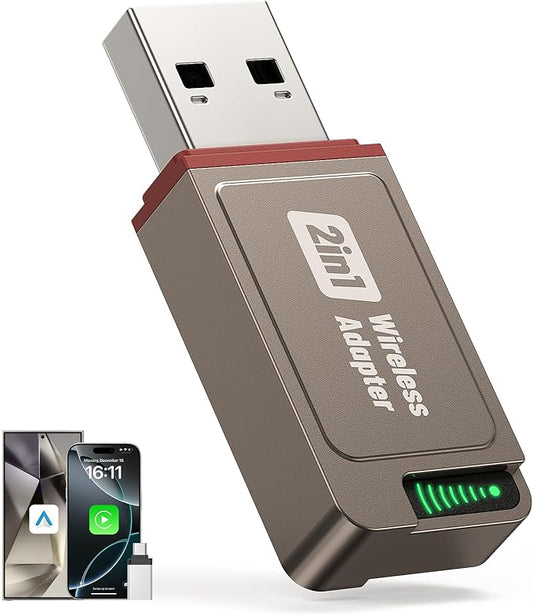 2026 Wireless CarPlay Adapter Support Apple CarPlay & Android Auto, 2-in-1 USB A & USB C Mini Bluetooth Dongle Convert Wired to Wireless Compatible with iPhone & Android