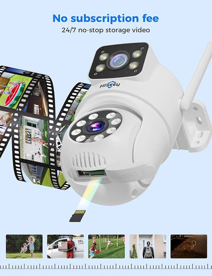 Hiseeu Wireless Security Camera Dual Lens PTZ Outdoor with 128GB SD Card, 2K WiFi-Pro 5G/ 2.4Ghz Surveillance Cameras, Color Night Vision, Plug-in Cable, Works with Wireless System