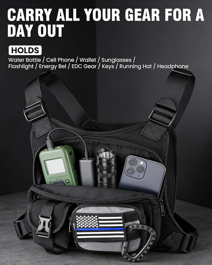 Chest Pack for Men Women - Tactical Vest for Outdoor, Adjustable Sport Chest Bag with Phone Holder & Extra Storage for Running, Cycling, EDC, Lightweight Running Backpack for Workouts