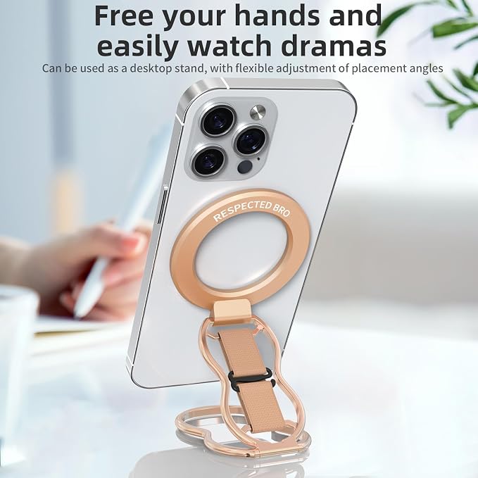 RESPECTED-BRO-Magnetic-Phone-Grip-Stand-with-Finger-Strap, 4-in-1 Magnetic Ring Holder, Kickstand and Elastic Strap for Phones, Universal Fit for iPhone 17/16/15/14/13/12, Android and Cases(Rose Gold)