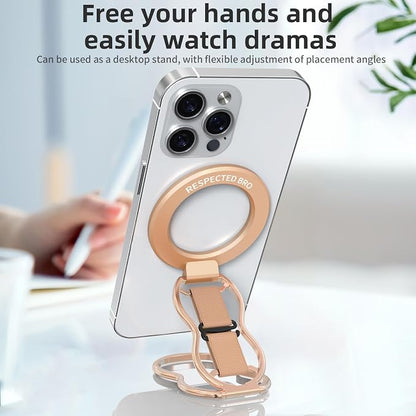RESPECTED-BRO-Magnetic-Phone-Grip-Stand-with-Finger-Strap, 4-in-1 Magnetic Ring Holder, Kickstand and Elastic Strap for Phones, Universal Fit for iPhone 17/16/15/14/13/12, Android and Cases(Rose Gold)