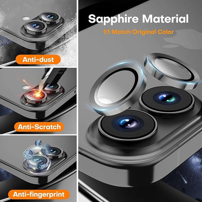 Camera Lens Protector for iPhone 17/16/16 Plus,Tempered Glass Metal Individual Camera Cover Screen[Anti-drop] Case Friendly- Black