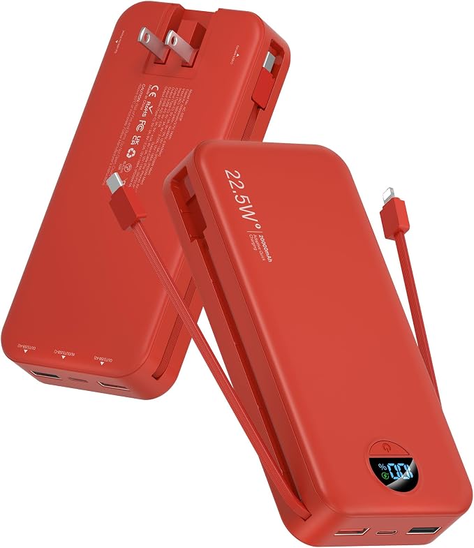 Portable Charger Power Bank, 20000mAh 22.5W USB C Fast Charging with Built-in Cable & Wall Plug, External Battery Pack with LED Display, Travel Essential for iPhone, iPad, Samsung Red