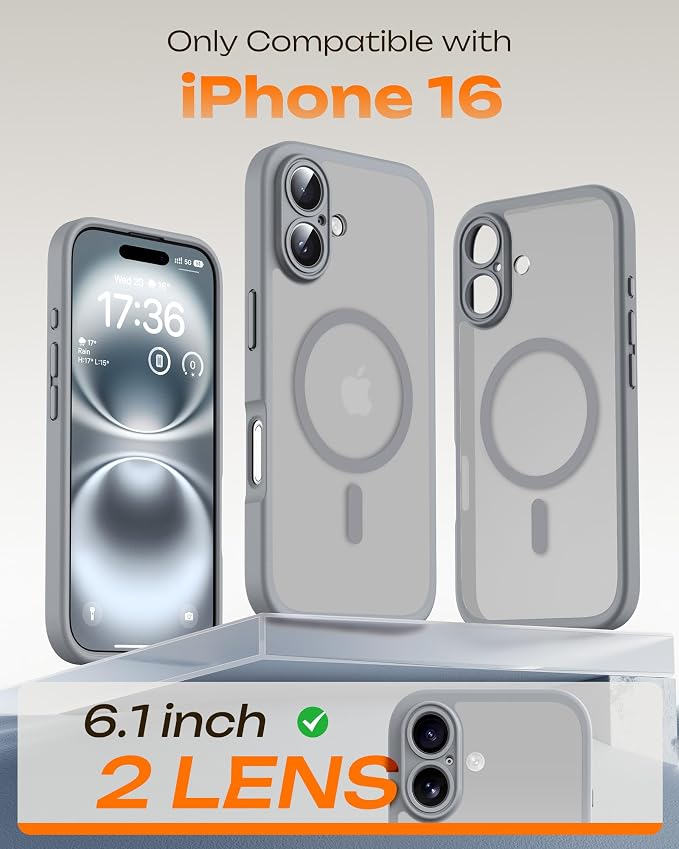 TOCOL for Phone 16 Case, Compatible with Magsafe Charger, Full Camera Protection, Drop Protection, Translucent Matte Phone Case for iPhone 16 6.1 inch (Gray)