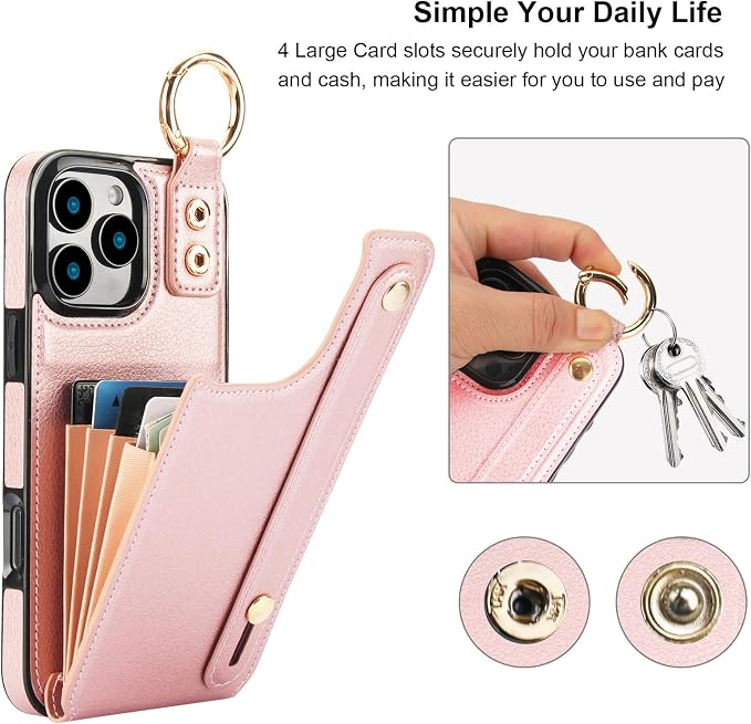 Folosu for iPhone 16 Pro Max Wallet Case with Card Holder, Hand Wrist Strap Loop Holder Kickstand, RFID Blocking Finger Grip Ring PU Leather Double Buttons Shockproof Cover 6.9" Rose Gold