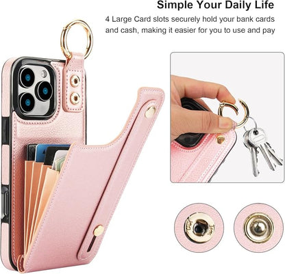 Folosu for iPhone 16 Pro Max Wallet Case with Card Holder, Hand Wrist Strap Loop Holder Kickstand, RFID Blocking Finger Grip Ring PU Leather Double Buttons Shockproof Cover 6.9" Rose Gold