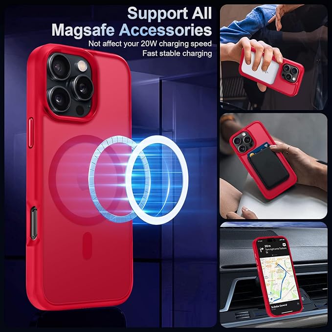MOCCA Strong Magnetic for iPhone 16 Pro Max Phone Case, [Compatible with Magsafe][16FT Mil-Grade Drop Protection] Slim Thin Translucent Matte Protective Cover Case for iPhone 16 Pro Max Case, Red