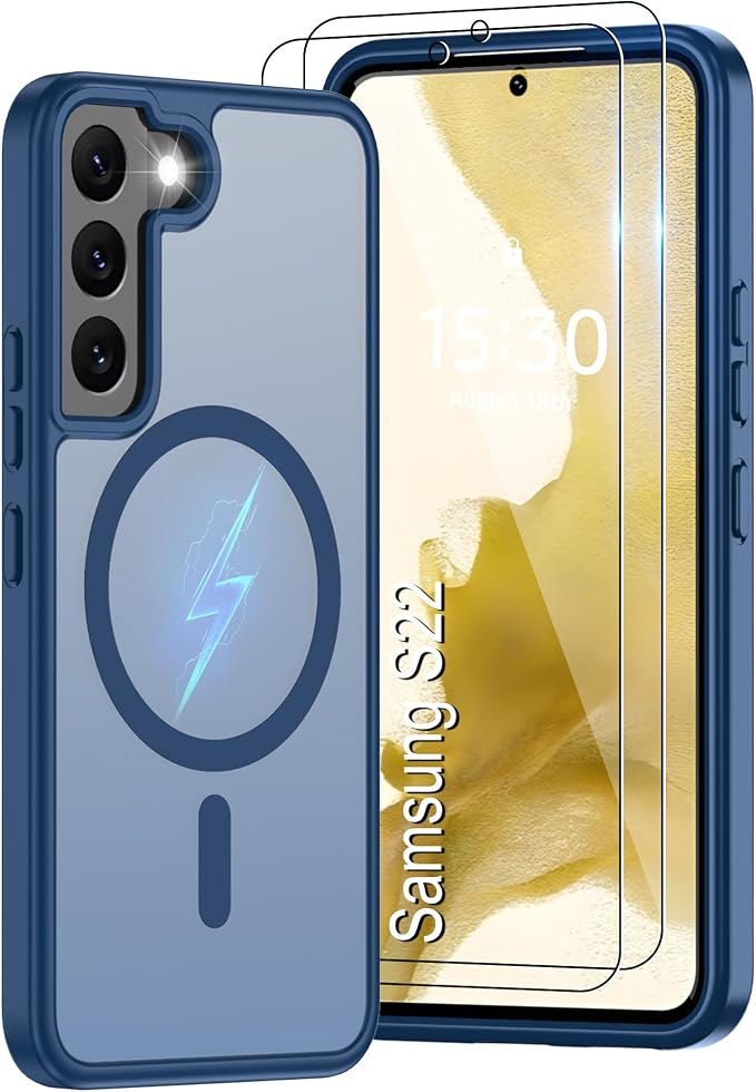 Pilaru for Samsung Galaxy S22 Case [Compatible with Magsafe] Translucent Matte Magnetic Phone Case,Slim Thin Duty Shockproof Protection Cover with 2pc HD Screen Protector-Dark Blue