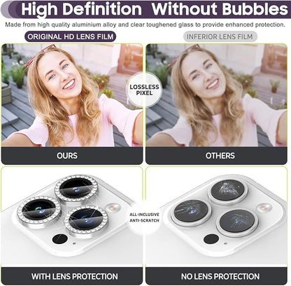 Suoman for iPhone 14 Pro Max / 14 Pro Camera Lens Protector, [Diamonds Bling] 9H Tempered Glass, Full Coverage Metal Protective Cover- Diamond Silver