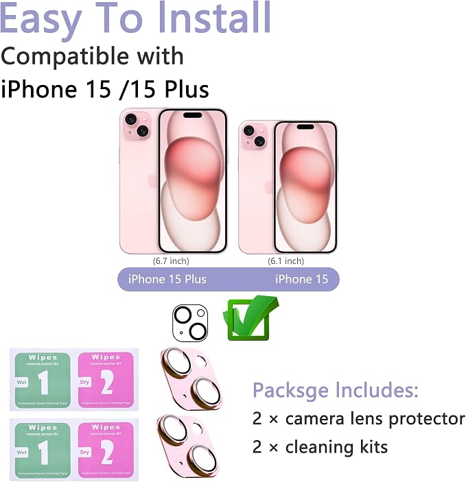 2 Pack Camera Lens Protector for iPhone 15/15 Plus,[Not Easy to Breakn ] AR Tempered Glass Strong Adsorption Metal Camera Cover Screen-Pink