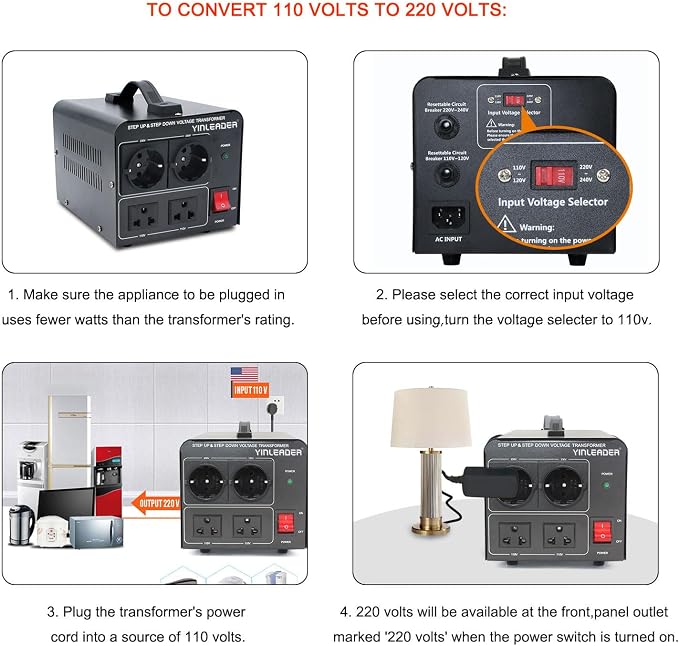 2000W Step Up/Down EU Voltage Transformer Converter 110V to 220V | OR Convert 220V to 110V Voltage Converter with 2US&2 EU outlets [110V US Power Cord Included Only, No 220V Cord]