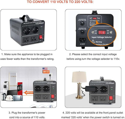 2000W Step Up/Down EU Voltage Transformer Converter 110V to 220V | OR Convert 220V to 110V Voltage Converter with 2US&2 EU outlets [110V US Power Cord Included Only, No 220V Cord]