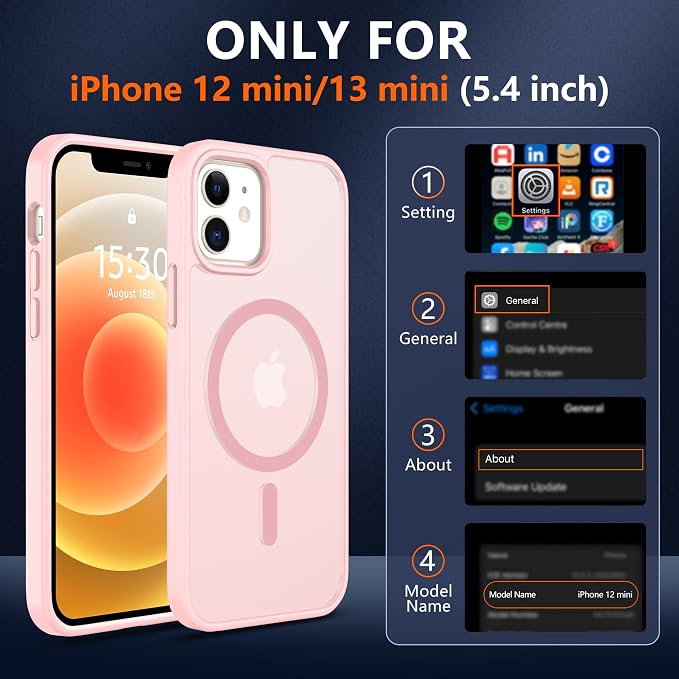 Pilaru for iPhone 12 mini Case & 13 mini Case [Compatible with Magsafe] Translucent Matte Magnetic Case,SlimThin Shockproof Military Grade Drop Protection Coverfor 12 mini/13 mini-Pink