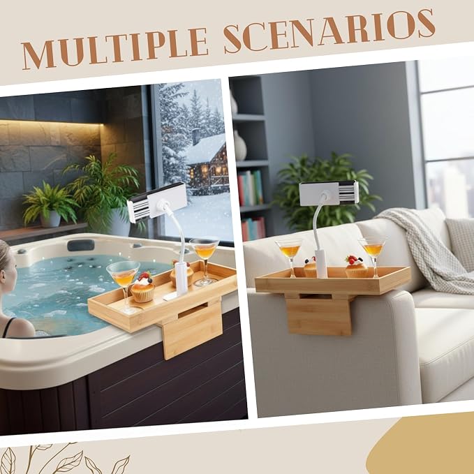 Beeveer Bamboo Adjustable Hot Tub Tray Table with Phone Holder, Adjustable Width 2'' to 7'', Nonslip Cup Shelf, Perfect Relaxing Gifts for Spa/Pool/Hot Tub for Adults