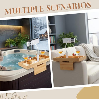 Beeveer Bamboo Adjustable Hot Tub Tray Table with Phone Holder, Adjustable Width 2'' to 7'', Nonslip Cup Shelf, Perfect Relaxing Gifts for Spa/Pool/Hot Tub for Adults