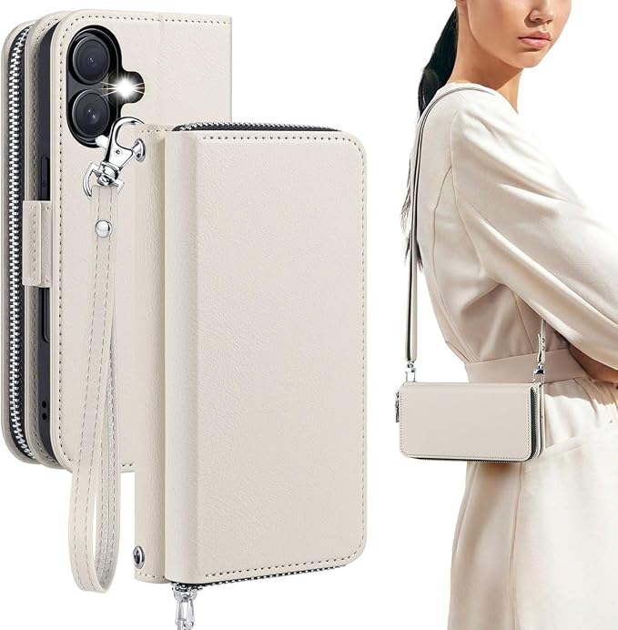 OCASE for iPhone 17 Crossbody Wallet Case - Stylish PU Leather Handbag Phone Purse with Zipper Closure, Card Slots & RFID Blocking - Wrist Strap, Lanyard, Kickstand - Cream