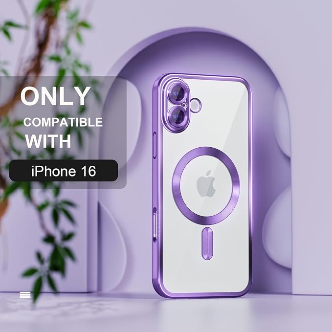 Misea Magnetic for iPhone 16 Case Compatible with MagSafe [Never Yellowing] [Military Grade Drop Protection] Full Camera Lens Protector Plating Soft Clear Phone Case for Women 6.1 inch, Deep Purple