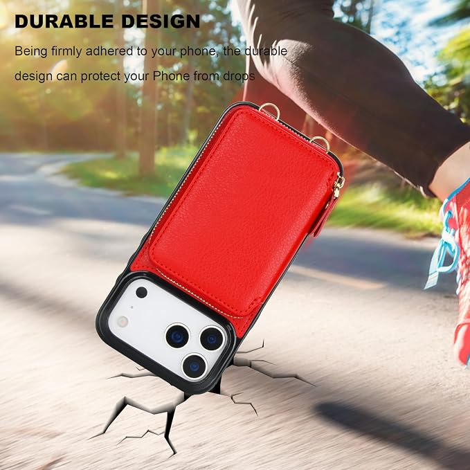 Bocasal Crossbody Wallet Case for iPhone 17 Pro Max, RFID Blocking Leather Purse Case with Card Holder, Protective Handbag Flip Cover with Zipper Wrist Strap Lanyard for Women 5G 6.9 Inch (Red)