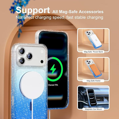 Choiche Magnetic for iPhone 17 Pro Max Case Compatible with MagSafe, Women Cute Glitter Sparkly Phone Case with Diamond Camera Lens Protectors, Military-Grade Drop Protection 6.9" (Clear/Blue)