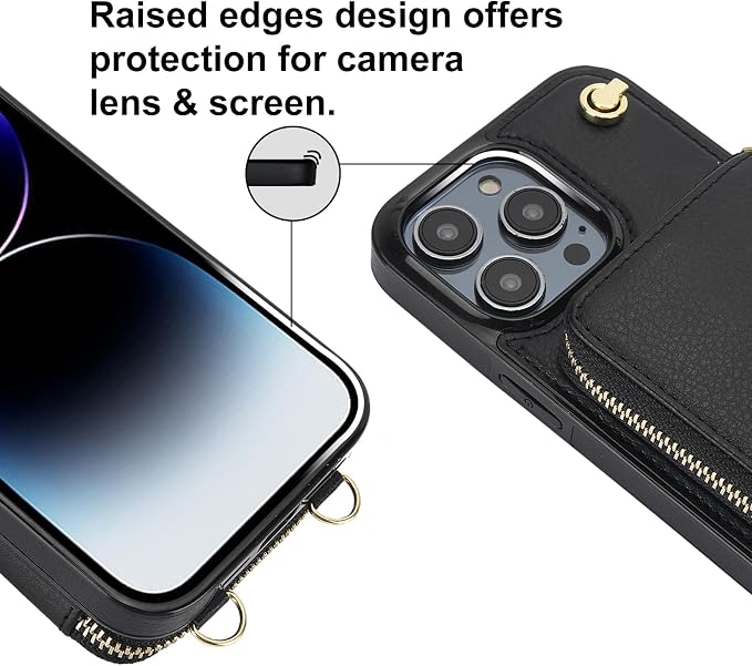 Bocasal for MagSafe Crossbody Wallet Case Compatible with iPhone 14 Pro Max, RFID Blocking Protective Purse Case with Card Slots Holder Kickstand Wrist Strap Lanyard Zipper 6.7 Inch 5G (Black)