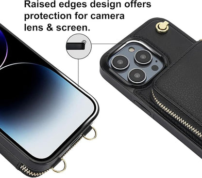 Bocasal for MagSafe Crossbody Wallet Case Compatible with iPhone 14 Pro Max, RFID Blocking Protective Purse Case with Card Slots Holder Kickstand Wrist Strap Lanyard Zipper 6.7 Inch 5G (Black)