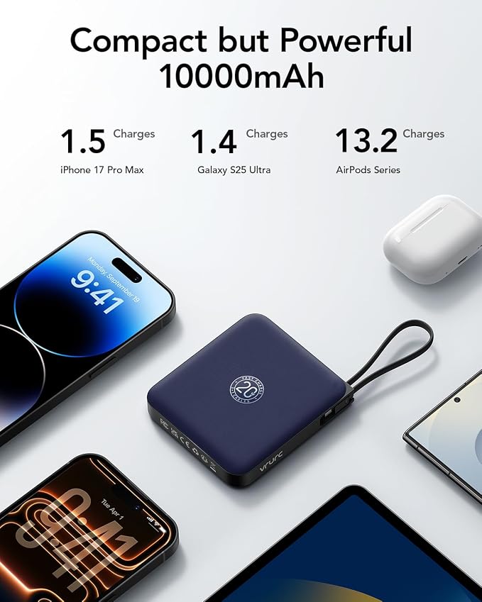 VRURC 10000mAh Portable Charger for iPhone with Built-in Cables, 22.5W Fast Charging Power Bank with LED Display, Battery Pack USB C for iPhone 17 Pro Max, Samsung S26, Travel Essentials (Royal Blue)