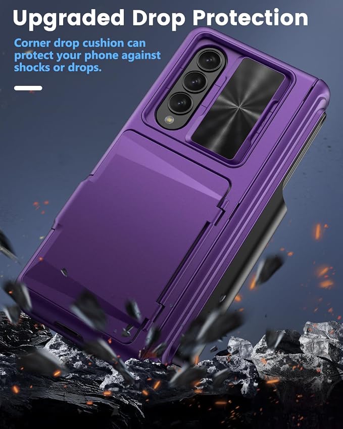 Viaotaily for Galaxy Z Fold 4 Case with Card Holder & S Pen Holder & Slide Lens Cover, Built-in Hinge Protection & Screen Protector, Durable Sturdy Phone Cover for Galaxy Z Fold 4, Dark Purple