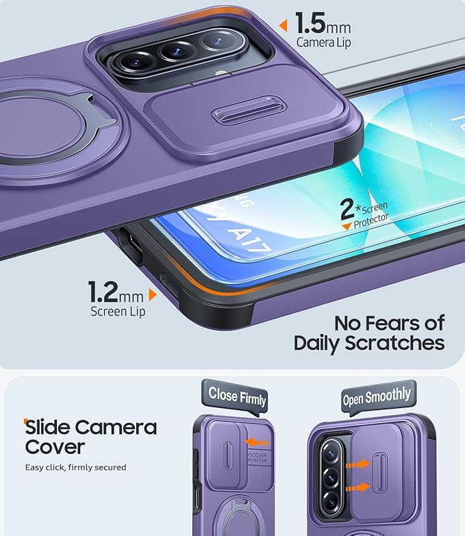 JAME for Samsung Galaxy A17/A16 5G Case, Ring Holder Stand, Slide Camera Cover, 2 Pack Screen Protectors, Dual-Layer Shockproof Protective, Magnetic Accessory Friendly Galaxy A16/A17 4G Case, Purple