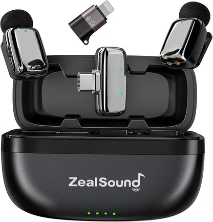 ZealSound Mini Microphone, Wireless Lavalier Mic for iPhone/iPad/Android, USB-C/Lightning, Noise Reduction, 33H Battery with Charging Case for Content Creators, TikTok & YouTube Videos - Chrome Silver