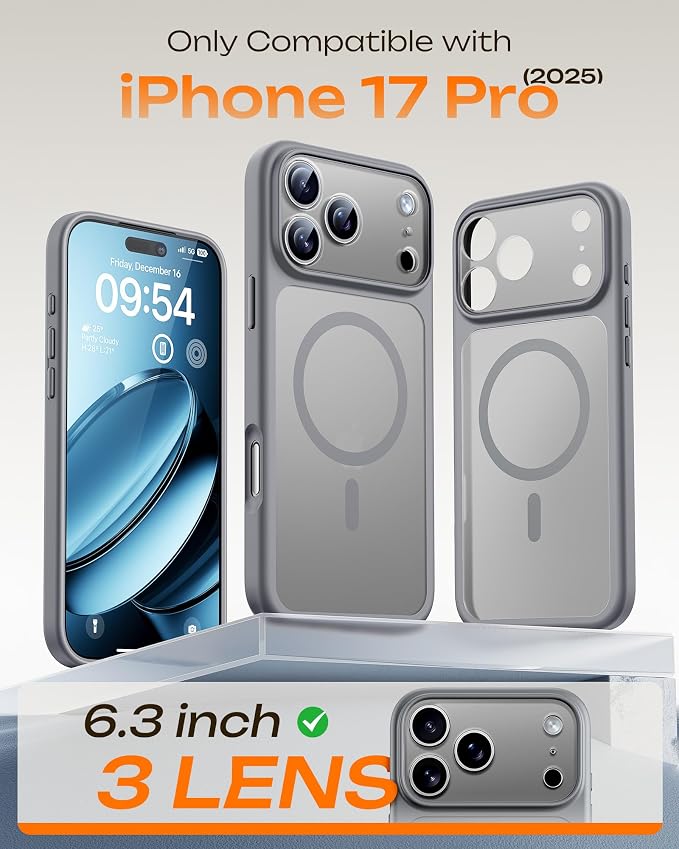 TOCOL for iPhone 17 Pro Case, Compatible with Magsafe Charger, Full Camera Protection, Translucent Matte Phone Case for 17 Pro 6.3 inch (Gray)
