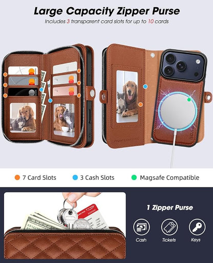 OCASE for iPhone 17 Pro Crossbody Detachable Wallet Case, PU Leather Handbag Phone Purse with Zipper Closure, Card Slots & RFID Blocking, Wrist Strap, Lanyard, Kickstand, Diamond Check Brown