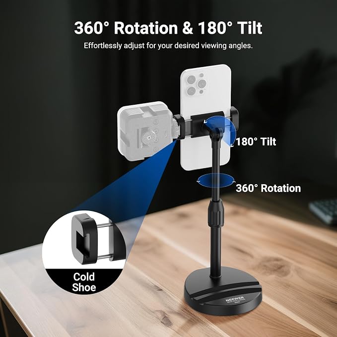 NEEWER ENTRY LEVEL VERSION Cell Phone Stand for Desk, Adjustable Office Bed Table Phone Holder Mount Compatible with iPhone Samsung Android for Video Recording Filming, 360° Rotation & 90° Tilt, DS030