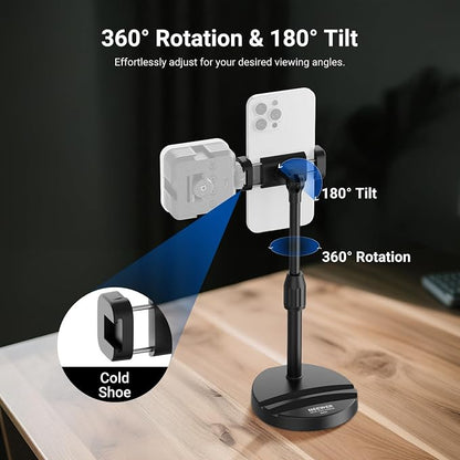 NEEWER ENTRY LEVEL VERSION Cell Phone Stand for Desk, Adjustable Office Bed Table Phone Holder Mount Compatible with iPhone Samsung Android for Video Recording Filming, 360° Rotation & 90° Tilt, DS030