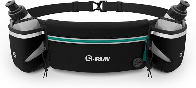 Q-RUN Hydration Running Belt with 2 x 10oz Water Bottles, No Bounce Adjustable Waist Belt for Men & Women, Marathon Running Gear