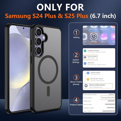 For Samsung Galaxy S24 Plus Case & S25 Plus Case [Compatible with Magsafe] Translucent Matte Magnetic Phone Case,Slim Thin Duty Shockproof with 2pc Screen Protector Protection Case for S24+/S25+,Black